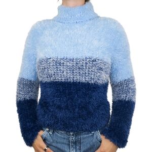 Vintage 90s Girl Identity Blue Striped Eyelash Turtleneck Sweater